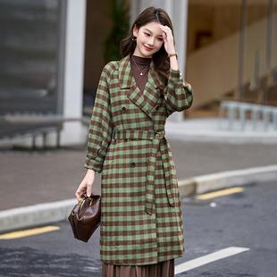 双面毛呢外套大长衣秋冬新款系带收女西装领格子腰HM2866-1款外套