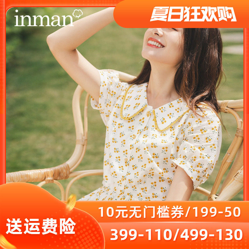 茵曼小雏菊碎花连衣裙2020夏新款娃娃领A字裙赫本风泡泡袖少女裙