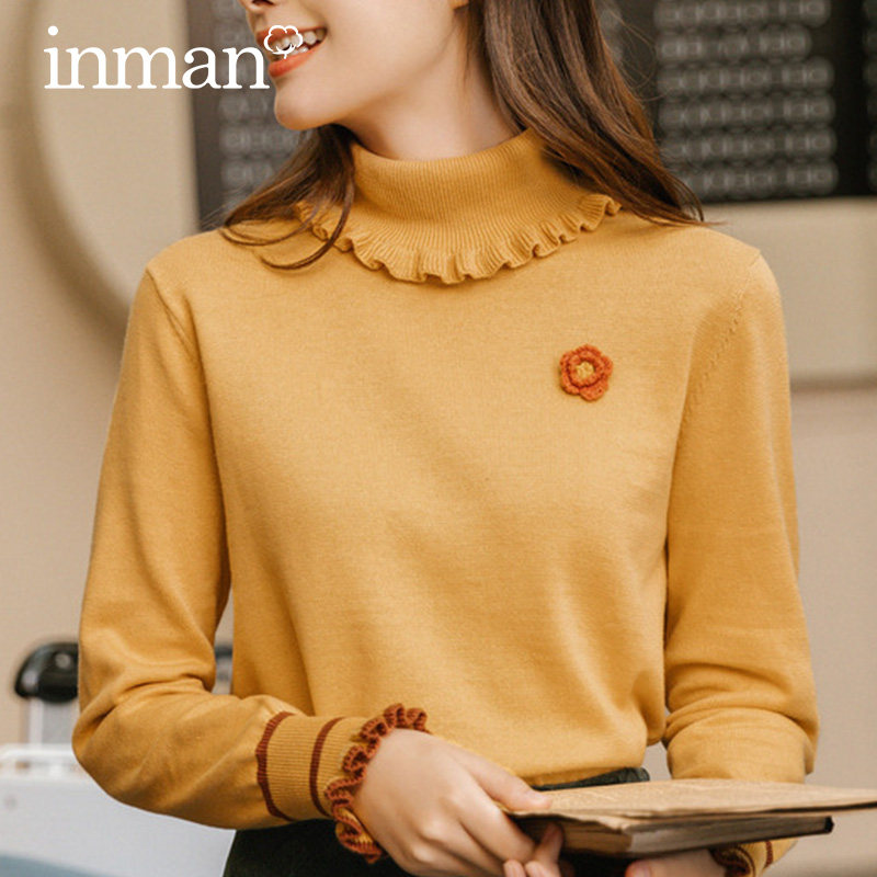 茵曼高领毛衣2020冬季新款纯棉内搭条纹上衣木耳边温柔针织打底衫