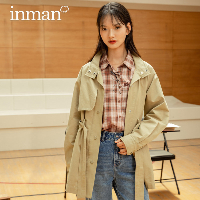 茵曼卡其色风衣女2020秋装新款小个子中长款大衣立领工装风外套潮