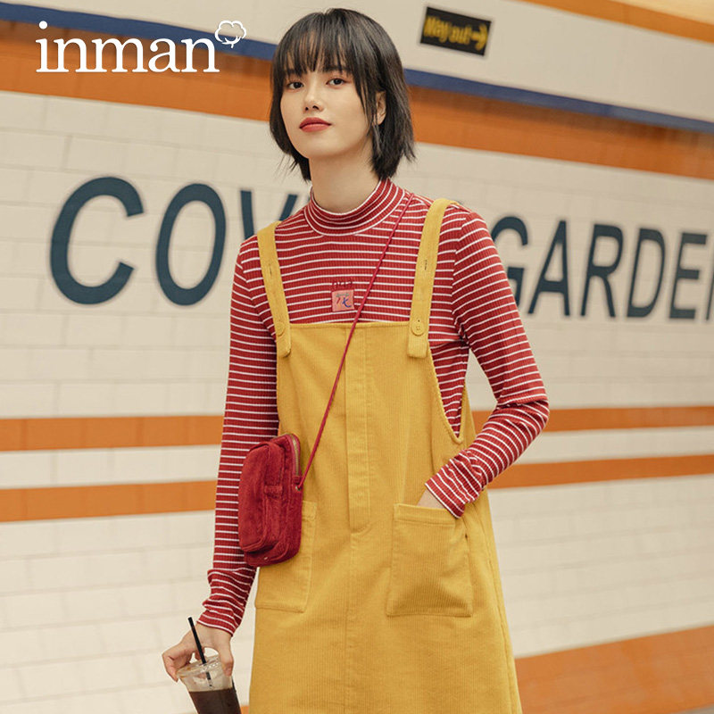 茵曼灯芯绒背带裙网红小个子吊带裙2020秋新款显高显瘦少女连衣裙