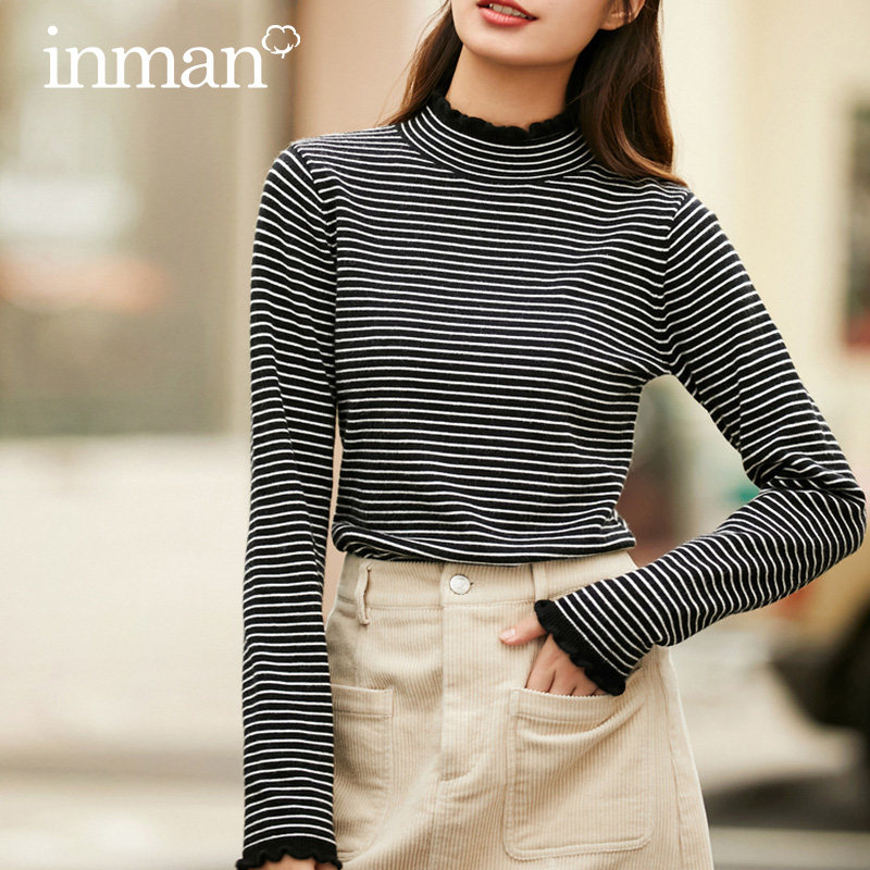 茵曼半高领毛衣2020秋冬新款撞色条纹打底衫内搭木耳边针织衫上衣