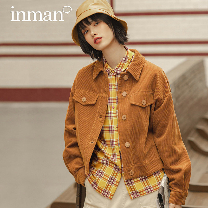 茵曼旗舰店灯芯绒短外套2020秋季新款复古港风工装无帽上衣夹克衫