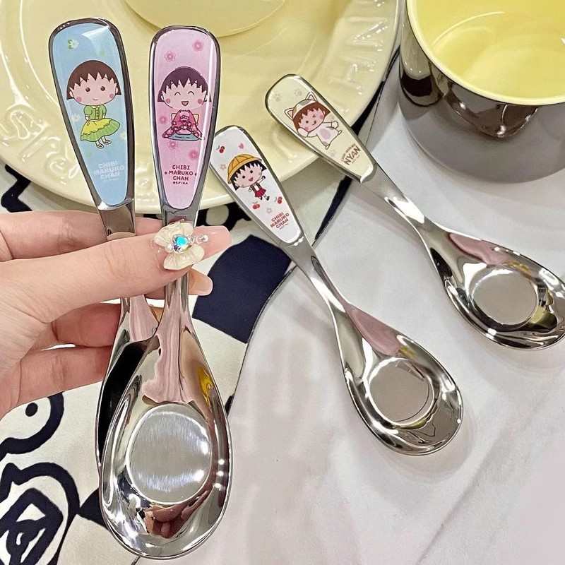 正版樱桃小丸子304食品级不锈钢饭勺子主餐调羹吃饭咖啡甜品汤勺