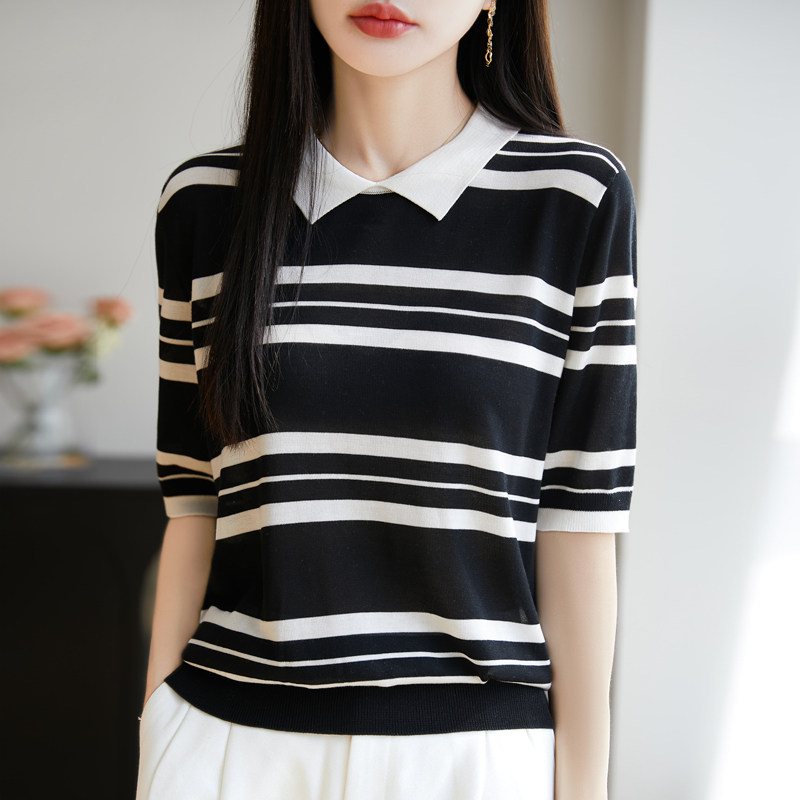 POLO领莱塞尔天丝条纹针织五分袖上衣女T恤休闲宽松短袖打底衫