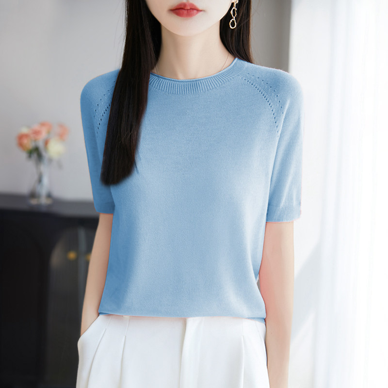 夏季圆领卷边一线成衣精纺羊毛针织短袖女宽松纯色高级感薄款T恤