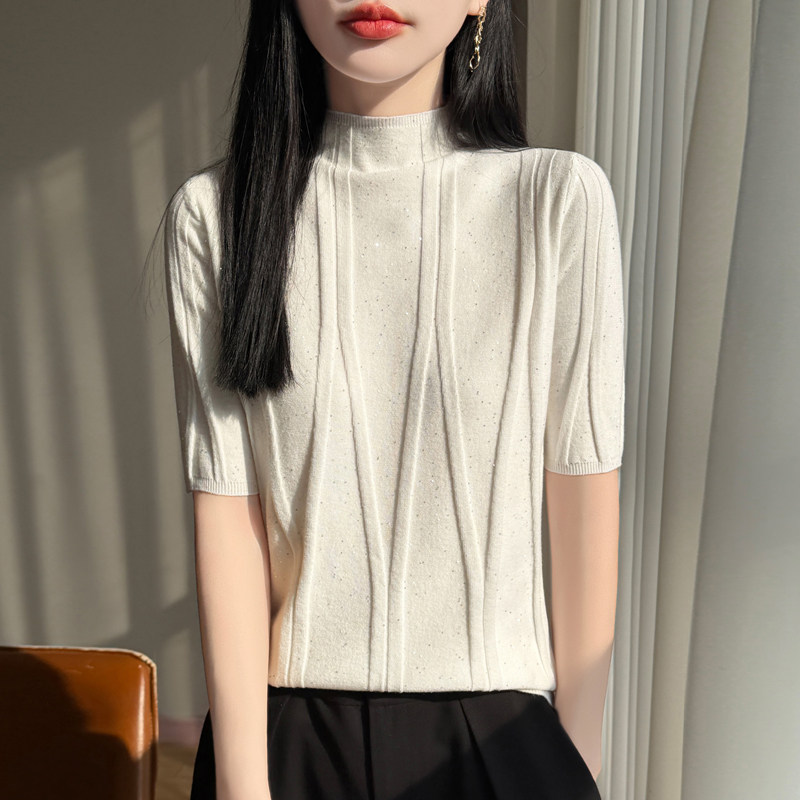 精致穿搭~春季上新精纺针织衫短袖女亮片半高领羊毛套头半袖内搭