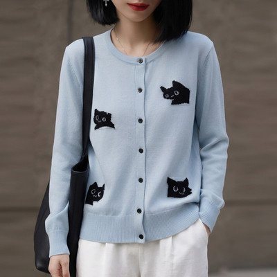 韩系猫咪提花针织开衫女春秋新款精纺毛圆领纽扣显瘦上衣毛衣外套