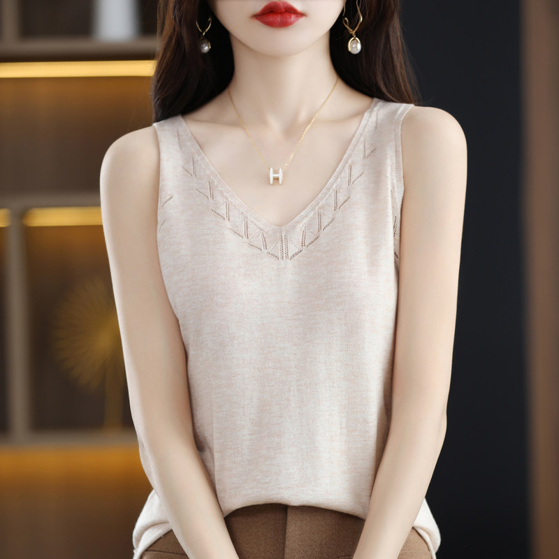 镂空吊带背心女内搭精纺细羊毛新款打底衫春秋薄款