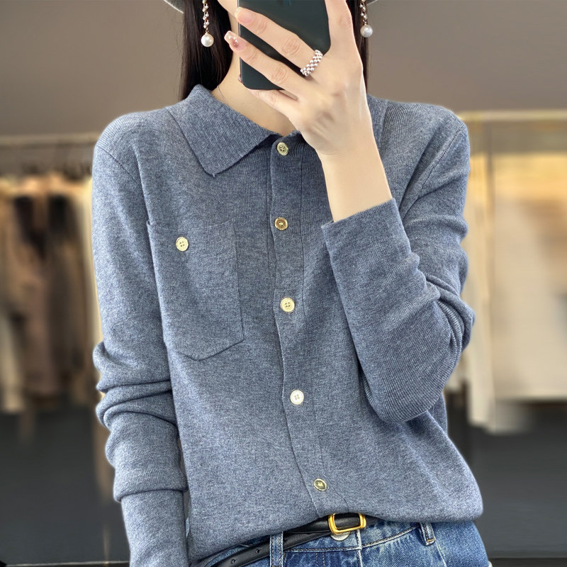 新款长袖Polo领衬衣精纺羊毛针织衫气质百搭纯色修身外套开衫