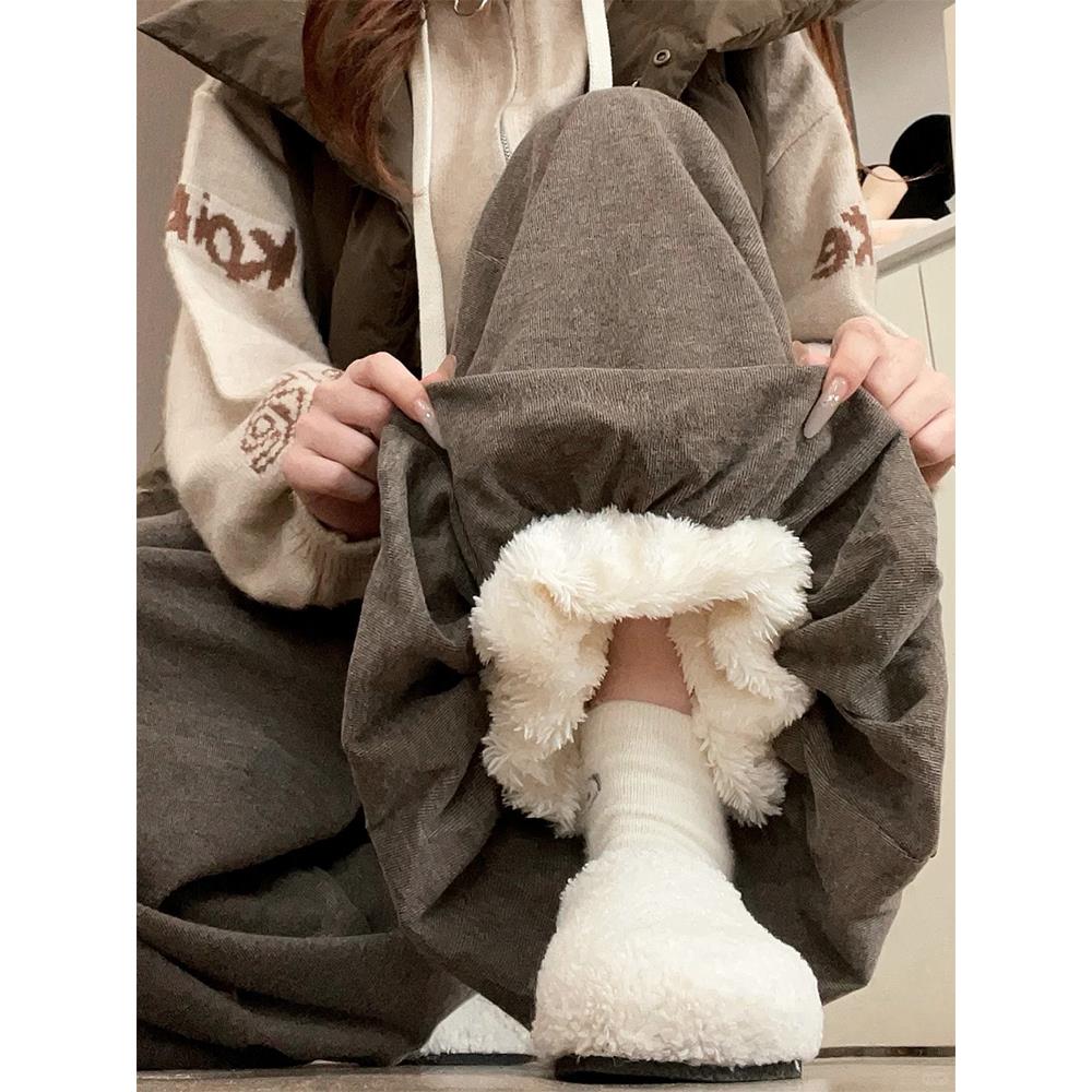 咖色糯米花苞裙裤女秋冬大码胖MM小个子宽松bf慵懒风羊羔绒阔腿裤