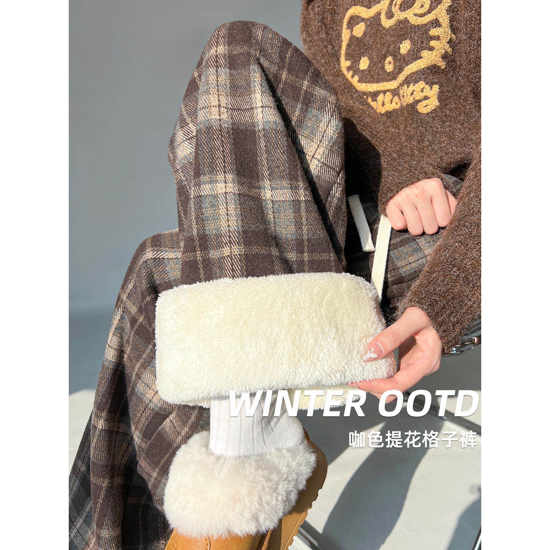 咖色羊羔绒撞色格子裤女秋冬高腰垂感直筒复古大码加厚毛呢阔腿裤,女装/女士精品,休闲裤,淘宝优惠券,粉丝福利购,淘宝优惠卷