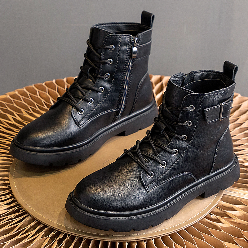 马丁靴搭扣冬季加绒大码平底短靴