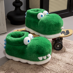 大牙鳄鱼棉拖鞋男秋冬季2024新款室内家居厚度毛毛加绒包跟棉鞋女