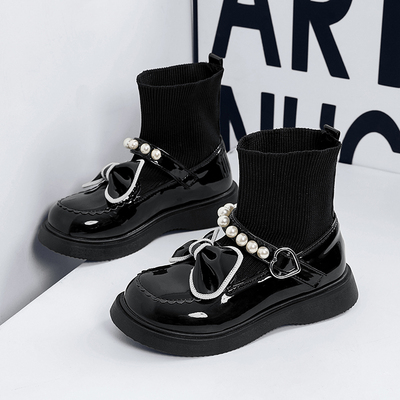 ABC IM儿童靴子女童鞋子公主鞋秋冬季款黑色小皮鞋演出乐福二棉鞋