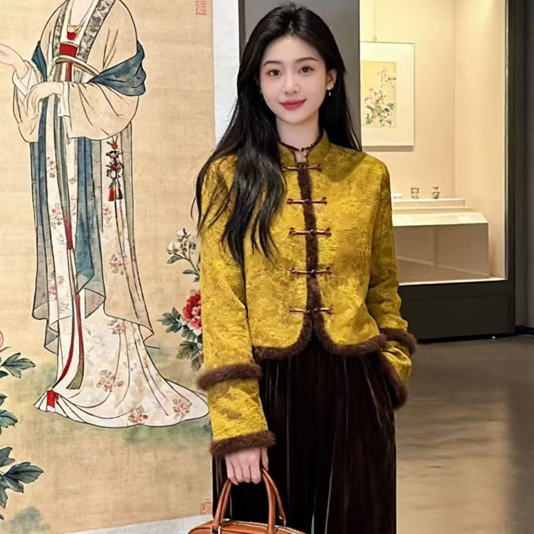 高端提花毛毛边短款棉服短外套女