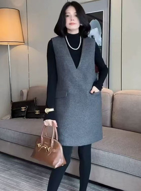 2024秋冬新款无袖背心裙灰色羊毛呢坎袖裙+打底衫两件套连衣裙女