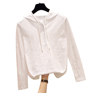 RM24555#竹节棉连帽t恤女长袖韩版纯棉百搭宽松薄款卫衣女春秋装上衣