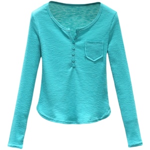 RM23646#修身显瘦百搭纽扣V领长袖短款T恤上衣早秋气质韩版打底衫女