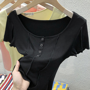 RM5584#柳钉半开衫短袖T恤女2023夏季新款短款内搭半袖上衣方领打底