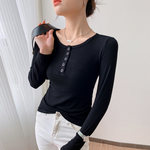 RM23645#美式正肩长袖t恤女秋季设计感半开领纯棉修身打底衫