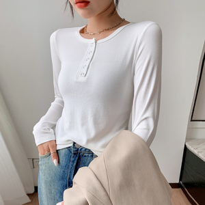 RM23645#美式正肩长袖t恤女秋季设计感半开领纯棉修身打底衫