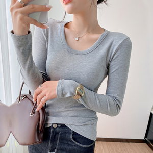 RM23647#圆领螺纹长袖T恤女纯色修身内搭打底衫体恤ins上衣
