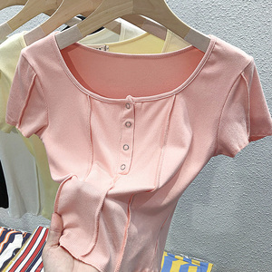 RM5584#柳钉半开衫短袖T恤女2023夏季新款短款内搭半袖上衣方领打底