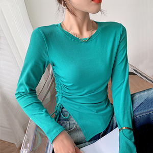 RM23648#圆领修身显瘦打底衫设计感小众长袖早秋新款T恤内搭上衣