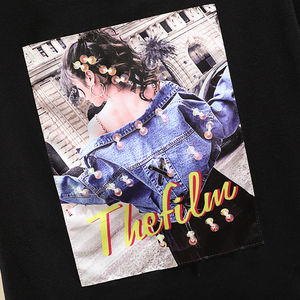 RM13977#黑色短袖t恤女夏季正肩圆领宽松贴布体恤设计感洋气百搭上衣