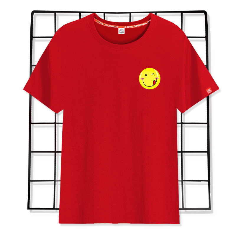 夏季笑脸印花男女班服定制短袖T恤工作服纯棉圆领宽松大码体恤衫