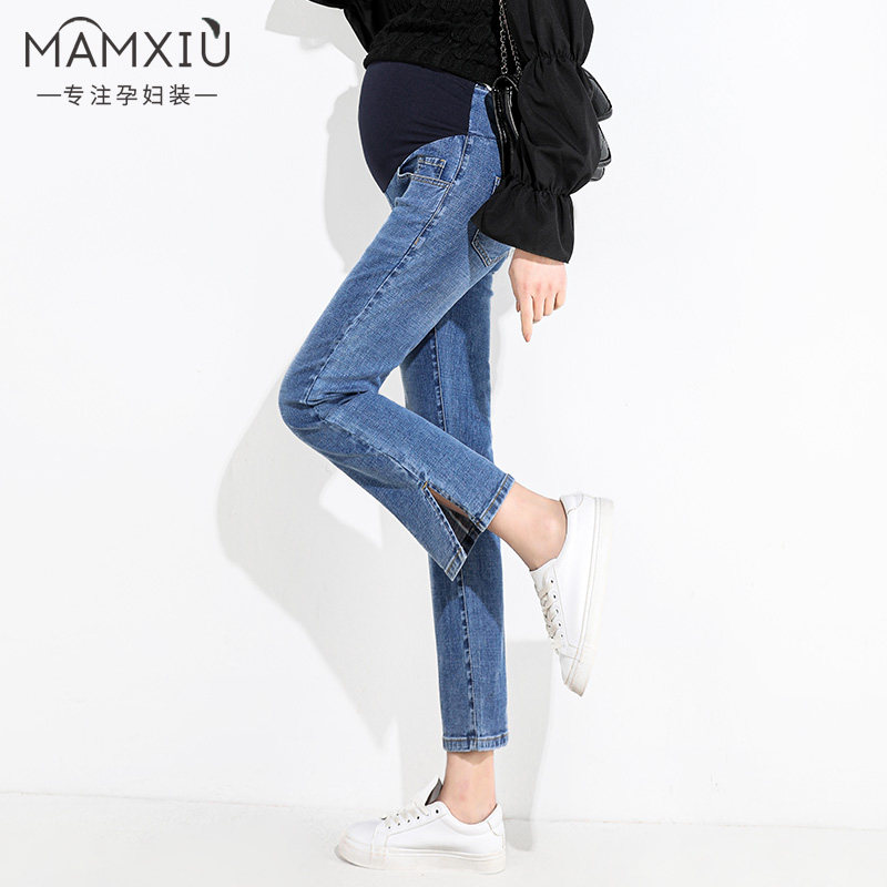 孕妇牛仔裤春夏款薄款2023新款弹力九分裤开叉时尚外穿直筒托腹裤