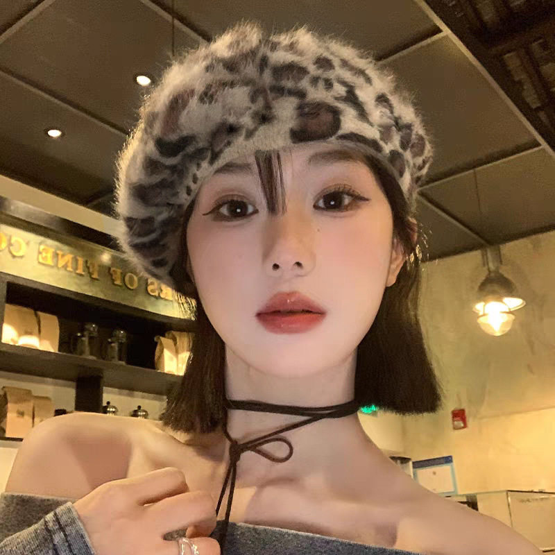 豹纹毛绒小盆帽女秋冬 加厚保暖辣妹百搭户外渔夫帽