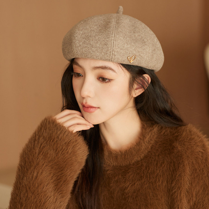 春秋新款毛呢贝雷帽女金属标南瓜帽甜美报童帽气质显脸小女士帽子