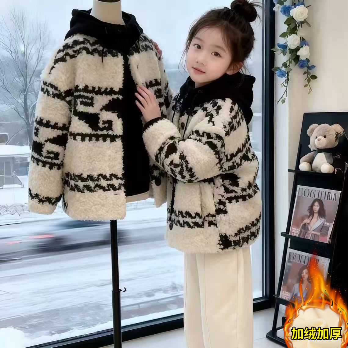 女童冬装2025新款连帽夹棉加厚