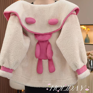 女童皮毛一体外套2025新款秋冬款中长款卡通小熊加厚摇粒绒毛毛衣