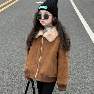 女童皮毛一体外套秋冬2025新款洋气儿童冬季加厚皮草鹿皮绒棉衣潮