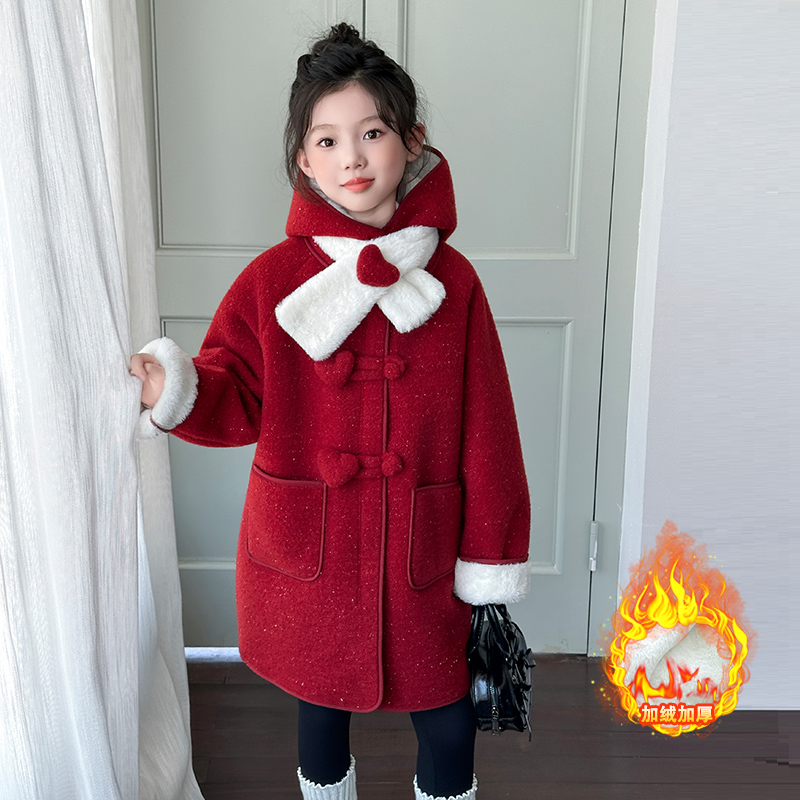 女童呢大衣冬装2025新款儿童加绒加厚中长款连帽洋气保暖呢子外套