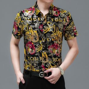 564 新款男士短袖衬衫商务休闲时尚烫金花衬衫上衣P30图片