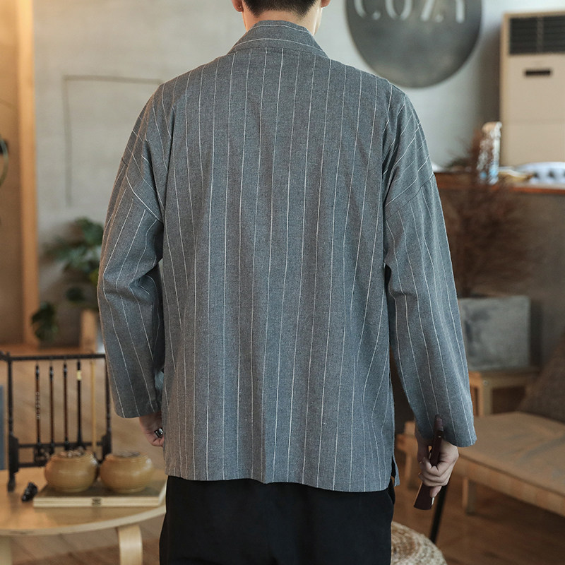 178风秋季新款男士条纹外套复古开衫汉服P55模特图藏青,男装衬衫,星座1615