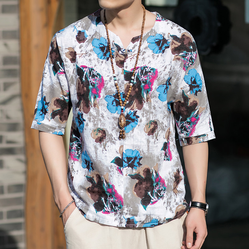 2023夏季风盘扣短袖花T恤大码男士中式T恤T102-P25模特图,男装T恤,星座1615