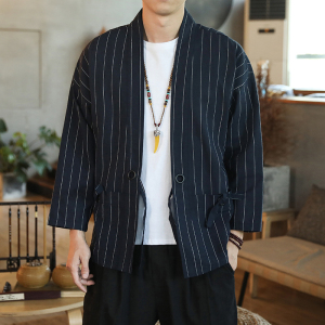 178 风秋季新款男士条纹外套复古开衫汉服P55 模特图 灰色图片