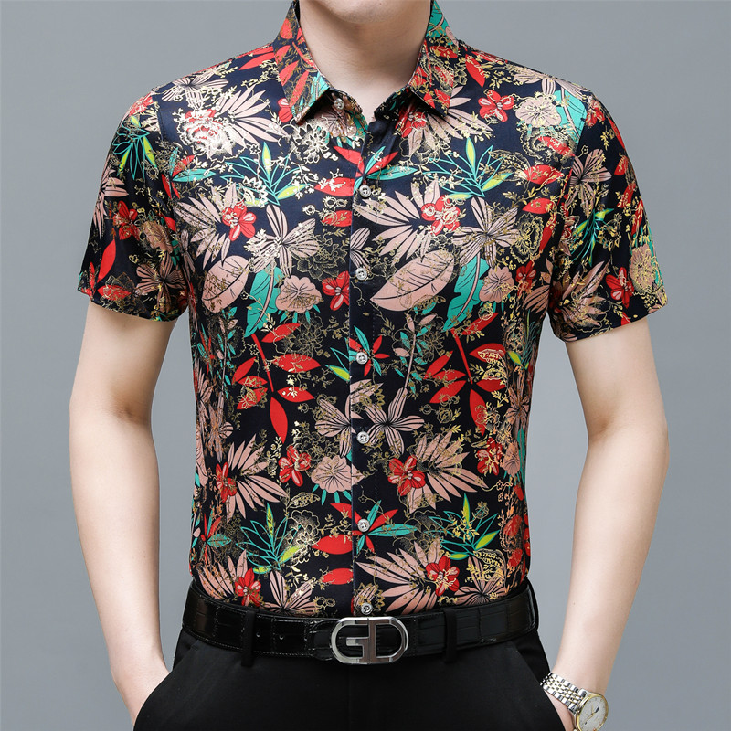 585新款男士短袖衬衫商务冰丝休闲时尚花衬衫上衣P30,男装衬衫,星座1615