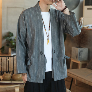 178 风秋季新款男士条纹外套复古开衫汉服P55 模特图 灰色图片
