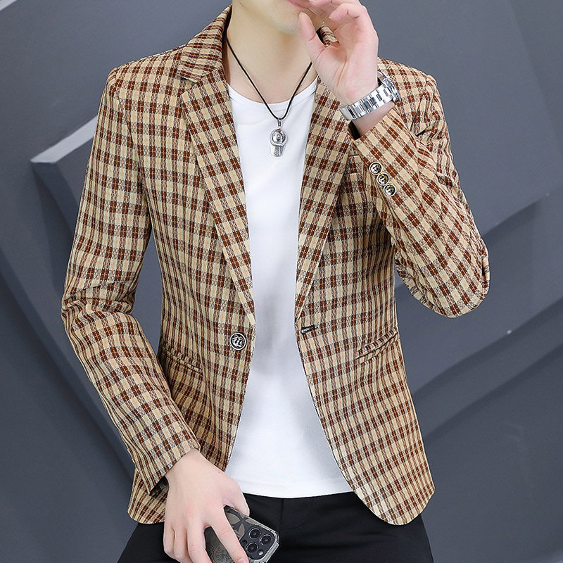 228男士休闲修身潮流格子西装上衣外套P95,男装西服,星座1615