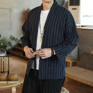 178 风秋季新款男士条纹外套复古开衫汉服P55 模特图 白色图片