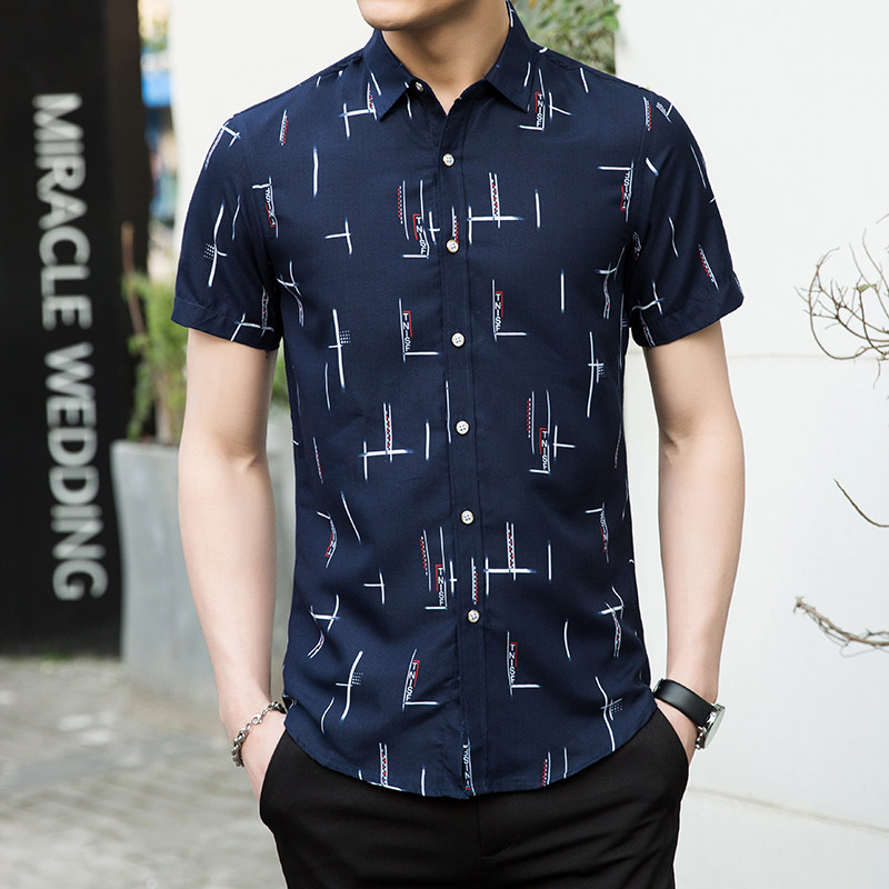 5013 新款男士大码印花短袖衬衫P32 模特图图片