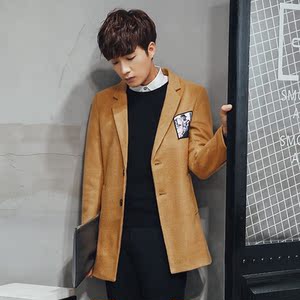 模特图 秋款大码男士中长款纯色贴布毛呢大衣F12-P70 黑色图片