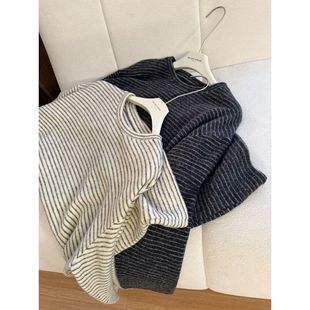 muzi 高克重保暖发热慵懒感撞色条纹厚T恤女 雪糕拉毛tee