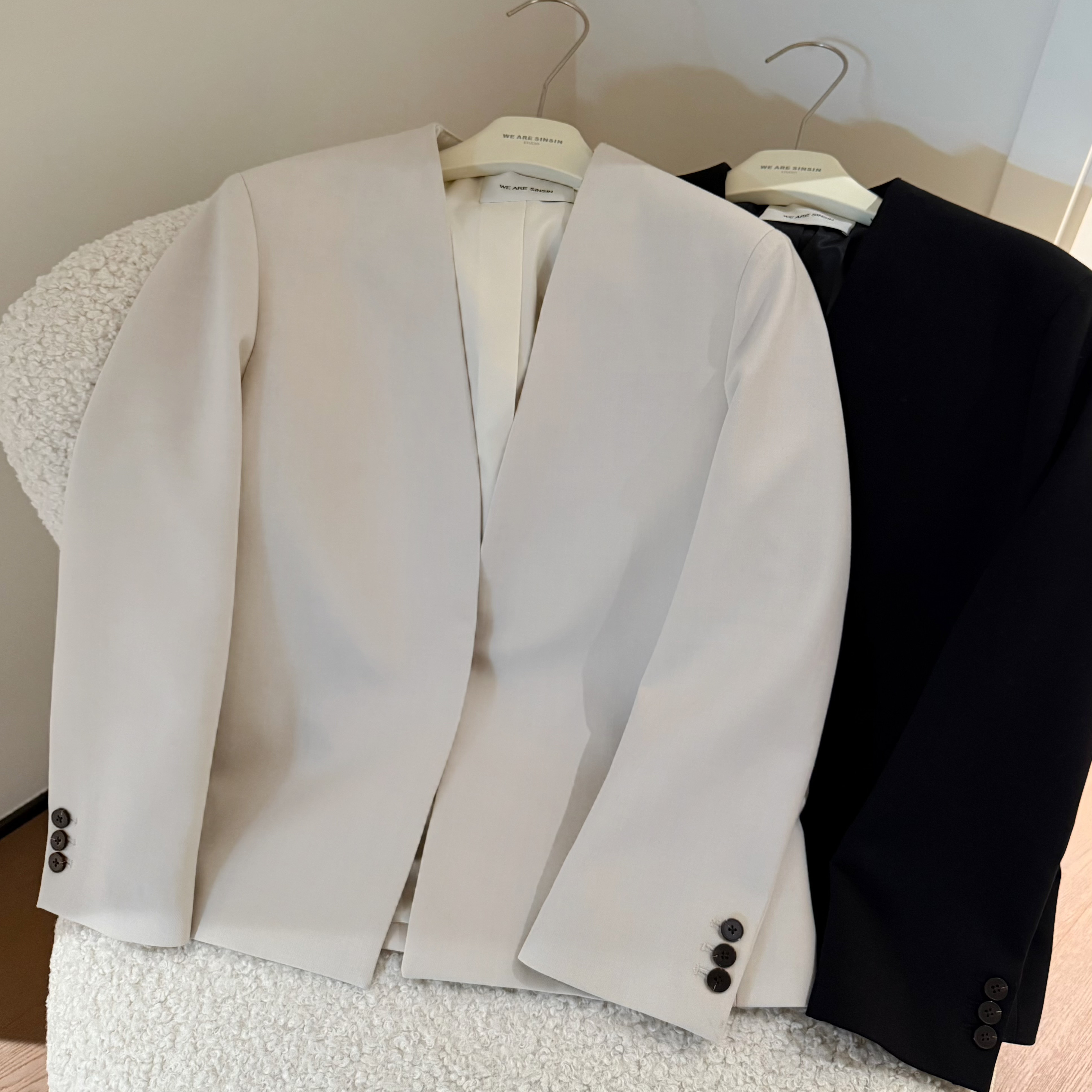 muzi“大牌西装”极简Row风经典气质精纺天丝羊毛无领西装外套